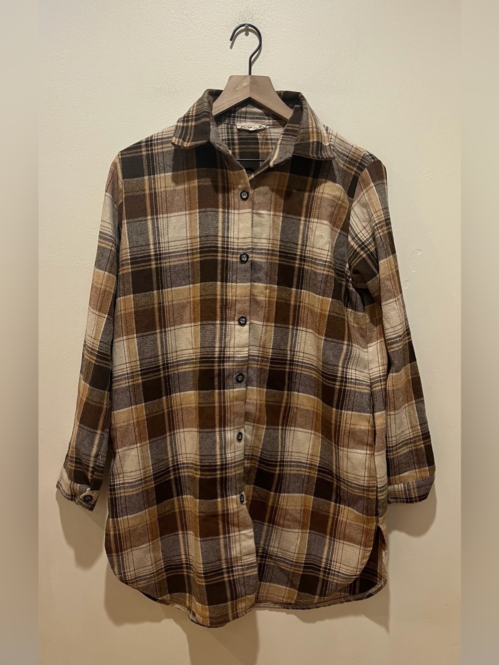 Adora Brown Plaid Long Button Down Shacket (Shirt Jacket) - Women’s Size Small
